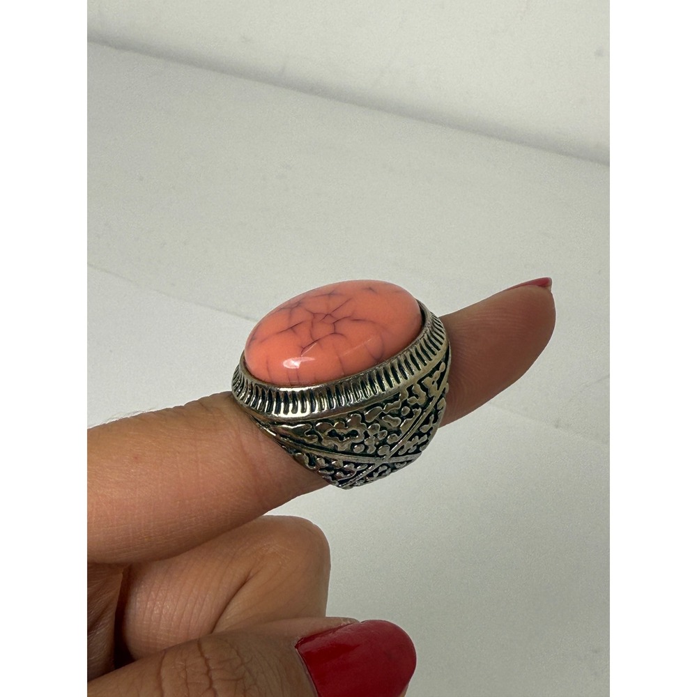 Bohemian‎ Silver Tone Pink Faux Turquoise Statement Ring Size 5 Southwestern